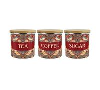 Red Strawberry Thief Tea Coffee Sugar Storage Canisters Set - Morris Inspired Floral Tapestry Artwork - Enamel Hot Drinks Containers Set of 3