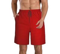 Red Stripe Men's Beach Shorts - Elastic Waist, Drawstring, Pocket, Boardshorts - Summer Vacation Clothing, for Surfers Swimmers Travelers Outdoor Enthusiasts