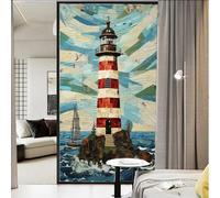 Red Striped Lighthouse Window Privacy Film Vintage Boat Ocean Beacon Stained Glass Window Film Decorative Window Cling for Home Window&Glass Door, Sun Blocking 17.7Wx23.6L inch