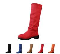 Red Suede Knee High Boots for Women Pull on Flat Tall Long Boot Chunky Low Heel Round Toe Low Heel Block Fall Boot Riding Boots Slouchy Footwear Trendy UK 6 Clearance