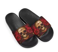 Red Sugar Skull Flower Novelty Sunflowers Pattern Slide Sandals for Women Girls, Comfotable Open Toe Non Slip Single Band Slide Sandals