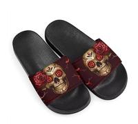 Red Sugar Skull Rose Novelty Sunflowers Pattern Slide Sandals for Women Girls, Comfotable Open Toe Non Slip Single Band Slide Sandals