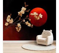 Red Sun Cherry Blossom Japanese Style Photo Mural - 300 x 280 cm Non-Woven Wall Mural - High Definition Art Print Teen Bedroom Game Room Decoration Environmental Friendly Black Photo Wallpaper