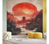 Red Sun Mountain Tower Large Mural Self Adhesive Wallpaper 256x350 cm, Tree Lake Forest Wallpaper, Japanese Wall Stickers Vinyl for Living Room, Kitchen Wall Art
