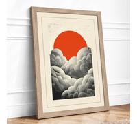 Red Sun Over Clouds Minimalist Framed Wall Art Print A1 (84.1×59.4cm) Oak, Wall Decor for Living Room, Bedroom, Office & Home, Ready to Hang, Art Gift