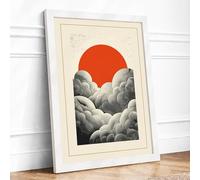 Red Sun Over Clouds Minimalist Framed Wall Art Print A2 (59.4×42cm) White, Wall Decor for Living Room, Bedroom, Office & Home, Ready to Hang, Art Gift