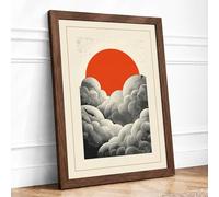 Red Sun Over Clouds Minimalist Framed Wall Art Print A3 (42×29.7cm) Walnut, Wall Decor for Living Room, Bedroom, Office & Home, Ready to Hang, Art Gift