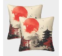 Red Sun Rising Cushion Covers Set of 2 Japanese Landscape Art Square Cushion Case for Sofa Couch with Smooth Invisible Zip Bedding 50x50cm