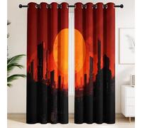 Red Sun, Skyscrapers & Moon Landscape Blackout Curtains - Modern Master Bedroom Window Drapes, Tech Style, Abstract, Bold, Cyber Thermal Insulated Window Curtains