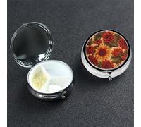 Red Sunflower Pill Box 3 Compartment Pill Case for Purse or Pocket Small Medicine Organizer with Mirror Travel Pillbox Decorative Metal Vitamin Container Unique Gift