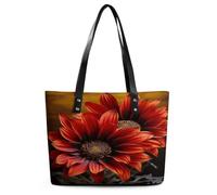 Red Sunflower Tote Bag Large Soft Leather Purse with Zipper Lightweight Ladies Shoulder Handbag