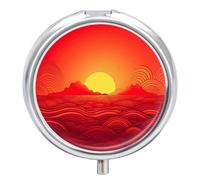 Red Sunrise Pill Box Round Portable Small Pill Case Waterproof Travel Pill Box Organizer for Pocket Purse and Daily Convenience