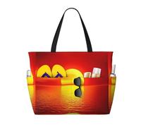 Red Sunrise Print Large Waterproof Beach Tote Bag for Women with Zip and Pockets Foldable Handbag for Travel Pool Shopping Holiday Gym