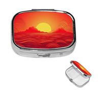 Red Sunrise Square Metal Pill Box 2 Compartment Cute Travel Pill Organizer Case Portable Medicine Vitamin Organizer Pill Case for Women Men Travel Unique Gift