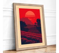 Red Sunset Fields Rustic Framed Wall Art Print A2 (59.4×42cm) Oak, Wall Decor for Living Room, Bedroom, Office & Home, Ready to Hang, Art Gift