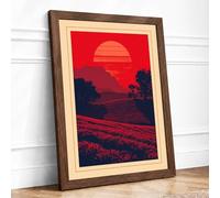 Red Sunset Fields Rustic Framed Wall Art Print A2 (59.4×42cm) Walnut, Wall Decor for Living Room, Bedroom, Office & Home, Ready to Hang, Art Gift