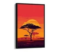 Red Sunset on the African Plains Canvas Floater Frame Print Picture Art - Black Frame 8 inch wide x 12 inch high