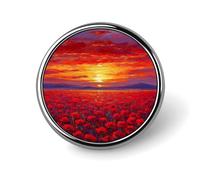 Red Sunset over Field of Poppies Round Brooch for Men Women Fashion Badge Collar Pin Dress Jacket Backpack Accessories