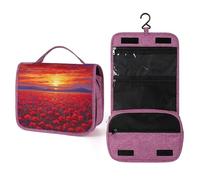 Red Sunset Over Field of Poppies Travel Toiletry Bag for Women,Hanging Makeup Organizer with Hook for Shampoo