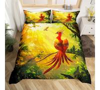 (Red, Super King(No Comforter)) Double Phoenix Duvet Cover Dreamy Wild Animal Bedding Set Nature Jungle Comforter Cover For Kids Boys Girls Room Decor,Woodland Plant Flower