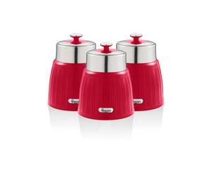 (Red) Swan Retro 3 Piece Canister Set Chrome Airtight Lid Lock Stainless Steel Storage