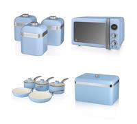 (Red) Swan Retro 3pce Induction Saucepan Set 16cm/18cm/20cm, 2pce Frying Pan Set 20cm/28cm, 800W 20L Digital Microwave, Bread Bin & Set 3 Storage Canisters