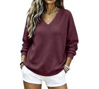 Red Sweatshirts for Women UK Light Oversized Loose Women V Neck Sweatshirt Waffle Textured Long Sleeve Hoodless Pullover Soft Casual Plain Jumper for Loungewear Walking Weekend Outfits Size L