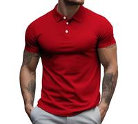 Red T Shirt Men Short Sleeve Button up Solid Color Lapel Summer Casual Polo Shirts Regular Fit Breathable Lightweight Comfy Daily Classic Fashion Golf Tees Sport Gym Running Tshirt T-Shirt