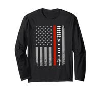 Red Thin Stripe Flag Catholic Rosary First Responders Long Sleeve T-Shirt