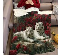 Red Throw Blanket 100 x 130 cm Two white tigers and roses Print Fleece Sherpa Blanket Soft Warm Flannel Cozy Sofa Couch Bed Blanket for Boys Teens Adults