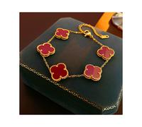 (Red - titanium steel diamond four-leaf bracelet) Diamond-encrusted flower bracelet, a retro, light luxury, high-end and fashionable accessory (as shown in the picture, a ring is randomly given)