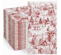 Red Toile Christmas Disposable Paper Napkins 2-Ply Absorbent Guest Towels, Rustic Santa Winter Village Forest Scene Xmas Napkins, Farmhouse Holiday Table Decor for Christmas Party Bathroom, 100 Count