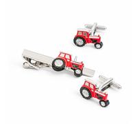 Red Tractor Cufflinks and Tie Bar Set for Men - Onyx Art TBC46 Red Enamel 3D Cuff Links with Matching Tie Clip, Farmer Novelty Gift, In Premier Life Packaging
