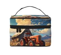Red Tractor on The Farm Travel Cosmetic Bag - Large Capacity Twill Organizer with Multi-Pocket Layout