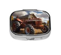 Red Tractor Square Pill Box with Full Print Design - Portable Metal Travel Case for Vitamins & Medication, 2.2x1.6x0.7 Inch.