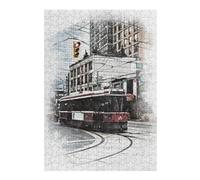 Red Tram In The City Colourful Jigsaw Puzzle for Adults, 300 PCS