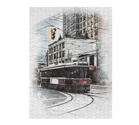 Red Tram In The City Themed Wooden Jigsaw Puzzle for Adults, 500 PCS