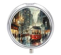 Red Tram in The Rain Pill Box Medicine Pill Organizer 3 Compartment Daily Pill Case Small Pill Container Round Pill Holder Travel Pill Box Metal Pill Case for Purse Pocket