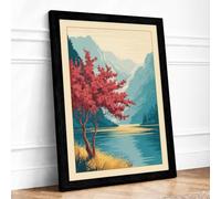 Red Tree by the Lake Landscape Framed Wall Art Print A1 (84.1×59.4cm) Black, Wall Decor for Living Room, Bedroom, Office & Home, Ready to Hang, Art Gift