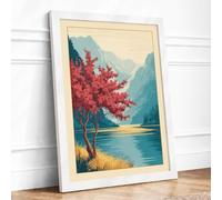 Red Tree by the Lake Landscape Framed Wall Art Print A1 (84.1×59.4cm) White, Wall Decor for Living Room, Bedroom, Office & Home, Ready to Hang, Art Gift