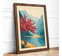 Red Tree by the Lake Landscape Framed Wall Art Print A1 Walnut Frame