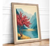 Red Tree by the Lake Landscape Framed Wall Art Print A2 (59.4×42cm) Oak, Wall Decor for Living Room, Bedroom, Office & Home, Ready to Hang, Art Gift