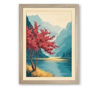 Red Tree by the Lake Landscape Framed Wall Art Print A4 (29.7×21cm) Oak, Wall Decor for Living Room, Bedroom, Office & Home, Ready to Hang, Art Gift