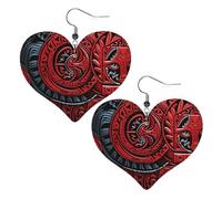 Red tribal pattern Leather Earrings for Women Heart Earring Lightweight Dangle Earrings Jewelry Gifts, One Size, No Gemstone