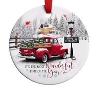 Red Truck Christmas Ornaments Decorations, It's The Most Wonderful Time of The Year Christmas Round Ornament Ceramic for Xmas Tree Hanging Decoration, Vintage Red Truck Christmas Decor