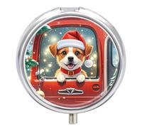 Red Truck Puppy Metal Pill Organizer, 3 Compartment Waterproof Pill Case with Mirror for Purse Pocket Bag, Daily Medicine Vitamin Holder, Portable Travel Med Container(Round)