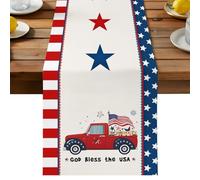Red Truck Table Runner, Holding American Flag God Bless The USA Cotton and Table Linen Runner for Kitchen Dining Home Decor for Party Festival Holiday Decoration Gift 13x90in
