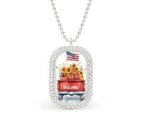 Red Truck with An American Flag Rectangle Pendant Necklace Silver Women Jewelry Alloy Keychain Tag Jewelry