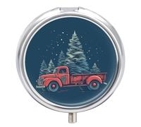 Red Truck with Christmas Tree Pill Box 3 Compartment Travel Pill Organizer 3 Times A Day Cute Mini Pill Case for Purse & Pocket Portable Metal Medicine Box with Mirror Round Daily Medicine Vitamin Con