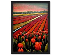 Red Tulip Fields Of Holland Netherlands Modern Oil Artwork Framed Wall Art Print A4 Artery8 Black One Size